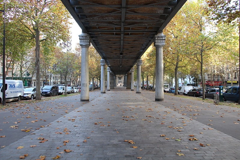 Under a viaduct of Paris metro 6