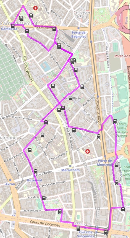 A geographical map of a La Traverse bus route in eastern Paris, which is a twisted circle