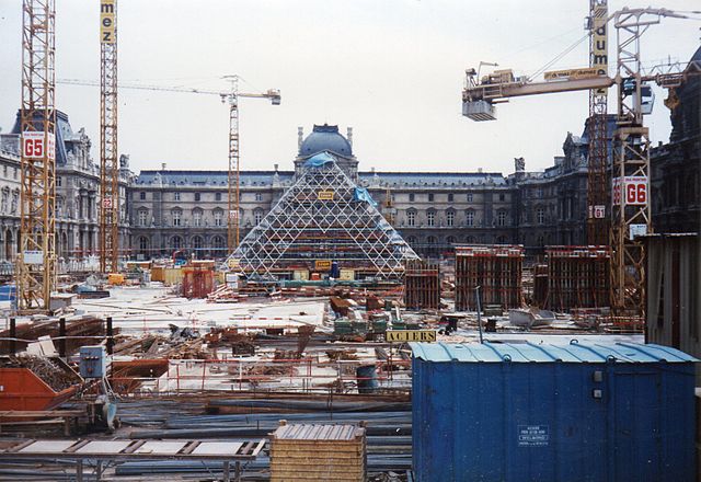 The Louvre Pyramid under construction