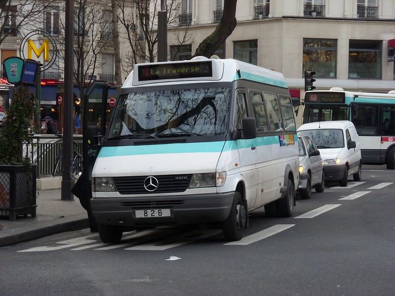 A Mercedes-Benz van conversion minibus, in RATP colours and with a digital front display reading La Traverse