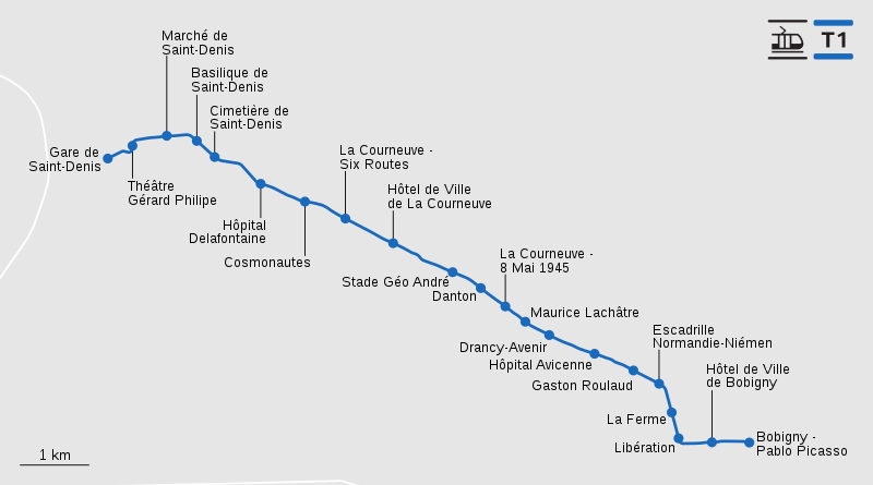 Map showing stations on Île-de-France tram line 1 between Gare de Saint-Denis and Bobigny - Pablo Picasso