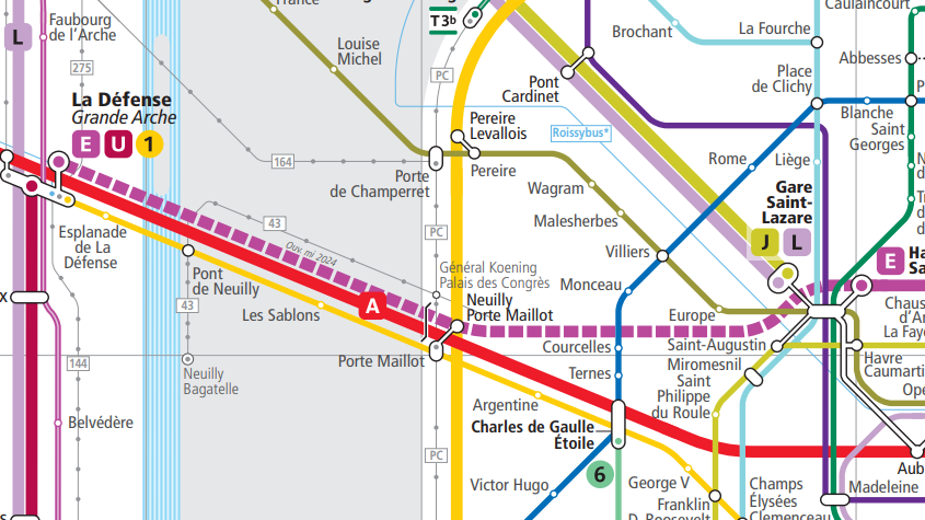 Detail from public transport map showing a dotted pink line between Haussmann – Saint-Lazare and La Défense, with a stop at Neuilly – Porte Maillot. Text alongside the line indicates an opening date in mid-2024