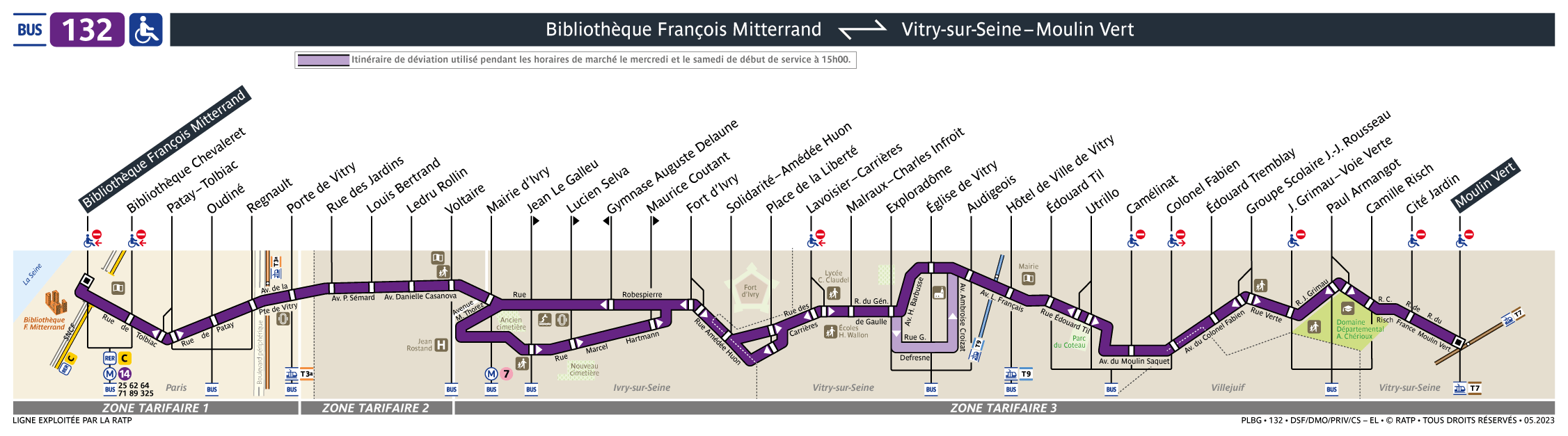 Bus map showing line 132. A few sites of interest are shown, along with the names of the streets along which the route travels. The route is shown in a vaguely geographical shape. Zone information and the names of the municipalities served by the route are also displayed