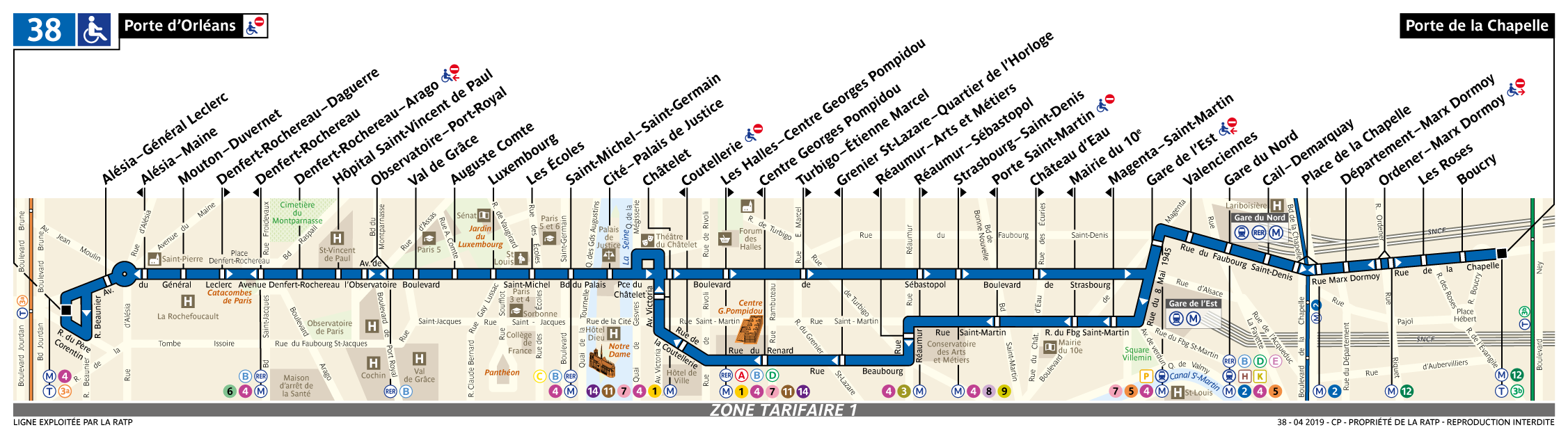 Bus map showing line 38. It is a near-straight line, but in the middle the route splits. Extensive street detail is shown behind the line