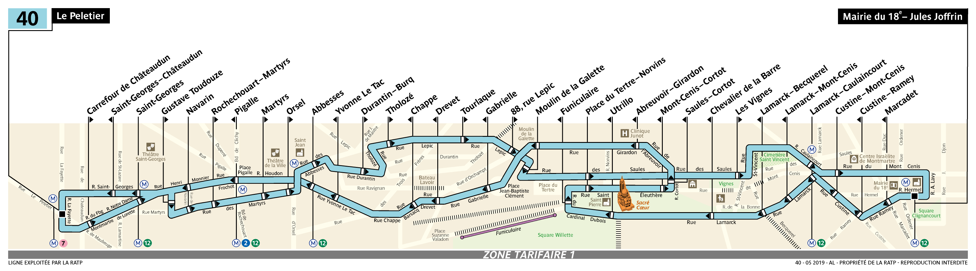 Bus map showing line 40. Most of this route is one-way, with the two directions crossing over each other at various points. Streets, parks and sites of interest are displayed in the background