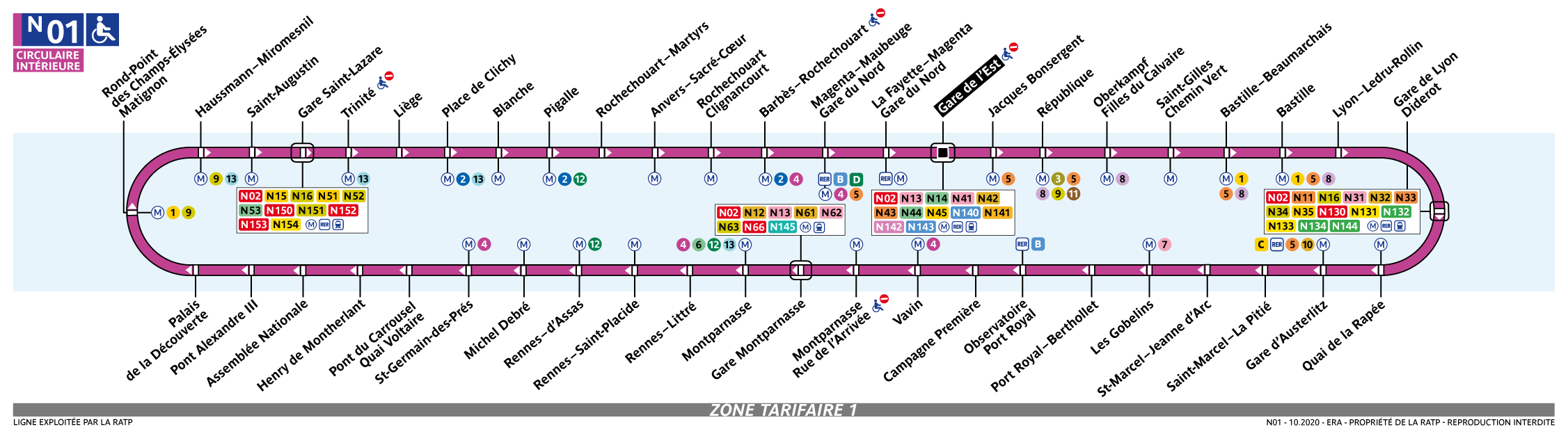 Line diagram showing the N01 bus route. It is displayed in a simple oval shape, with information about transfers but no street map