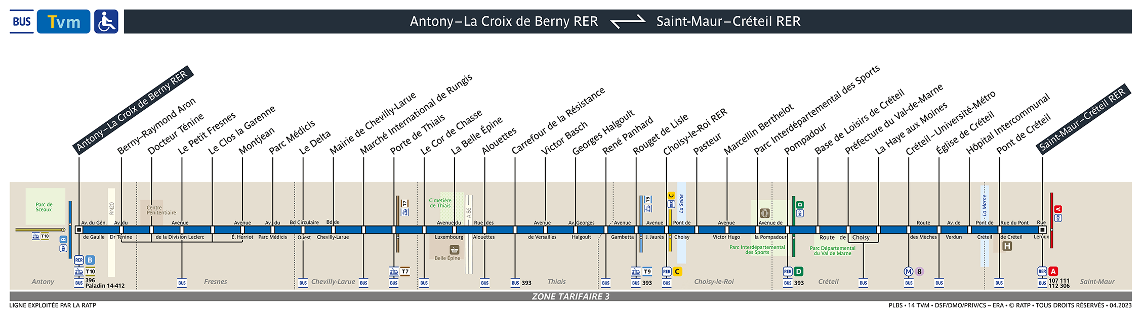 Bus map showing the Tvm. The line is shown as perfectly straight, but some information is seen, such as a few street names, major transit lines and roads which cross the route, and the names of the municipalities it passes through