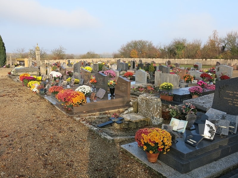 Cemetery with most graves covered in colourful flowers