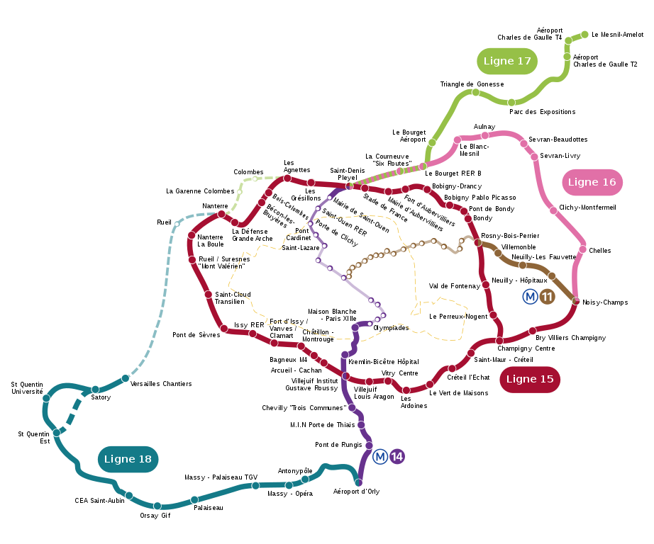 Map of the Grand Paris Express, with extensions to lines 11 and 14, a circular line 15, line 16 in the northeastern and eastern suburbs, 17 from the northern suburbs to CDG airport, and 18 from Orly airport to Versailles