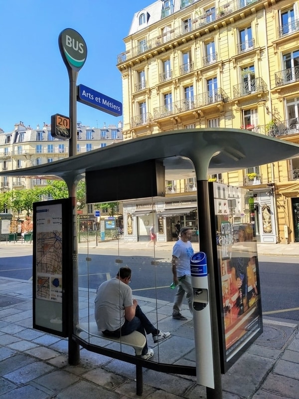 Arts et Métiers bus stop with hand sanitiser dispenser