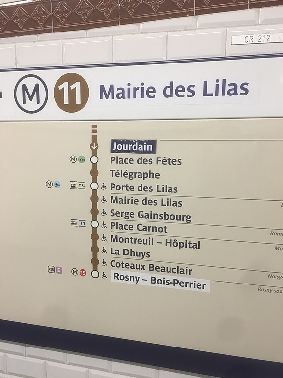 Photo of a partial line map, shown on the wall of a metro station, indicating stations from Jourdain to Rosny – Bois-Perrier