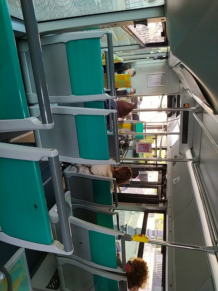 View from the back of a bus, showing 3 rows of seats and then an open space