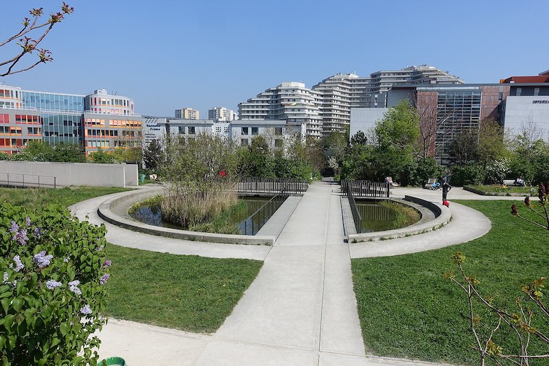 Park, with modern buildings in background