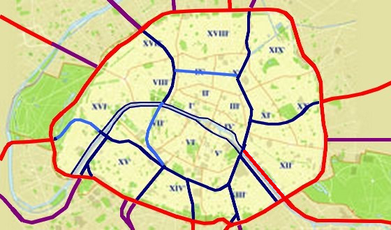 Map of the motorways proposed under the Plan autoroutier pour Paris