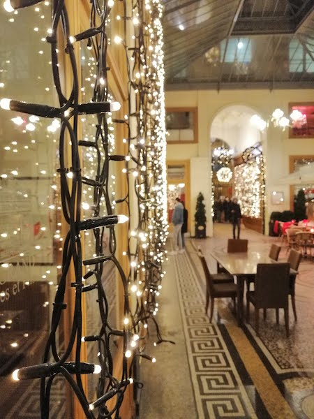 Christmas lights in a covered passage