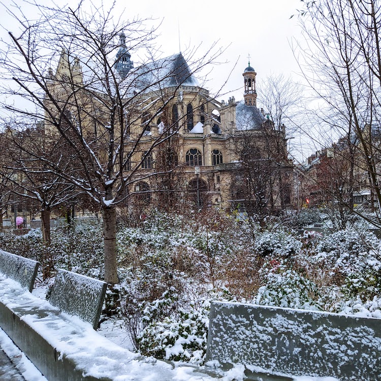 Church and garden in snow