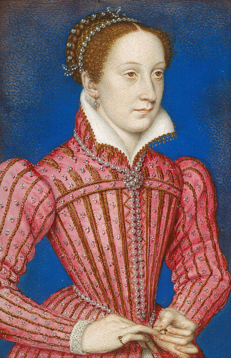 Painted portrait of a solemn-looking lady with red hair in a tight red corset