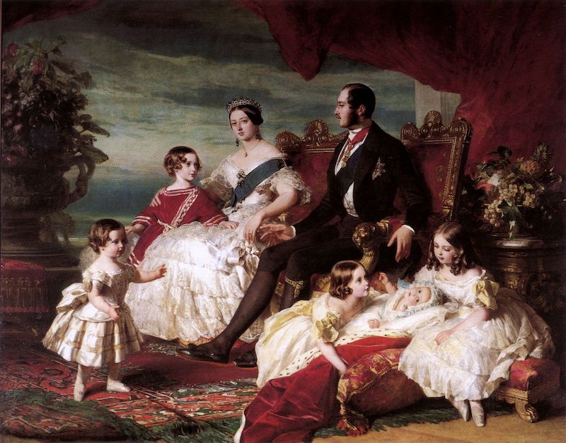 Painting depicting a lady in a white dress and her husband in a black suit, with their five children playing around them