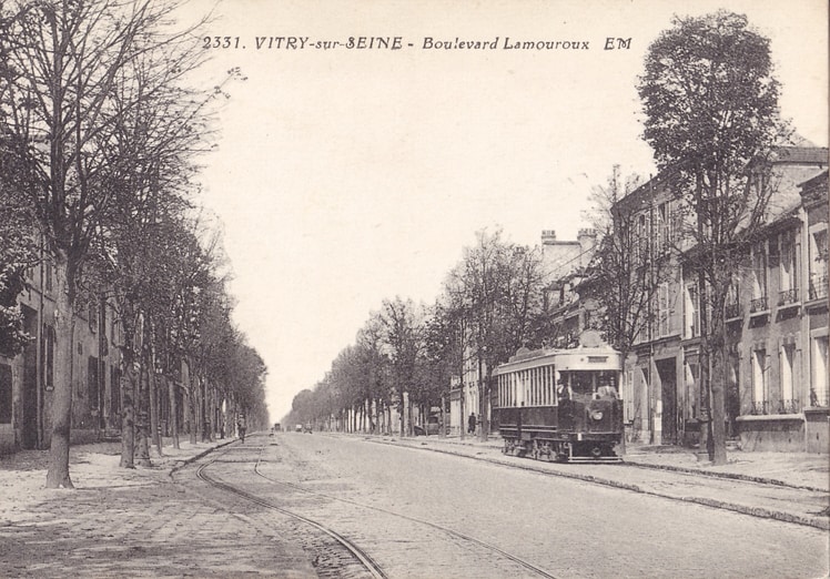 Vitry-sur-Seine – Boulevard Lamouroux. Black and white photograph featuring tram
