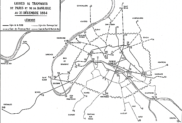 Map: Lignes de tramway de Paris et de sa banlieue au 31 décembre 1884
