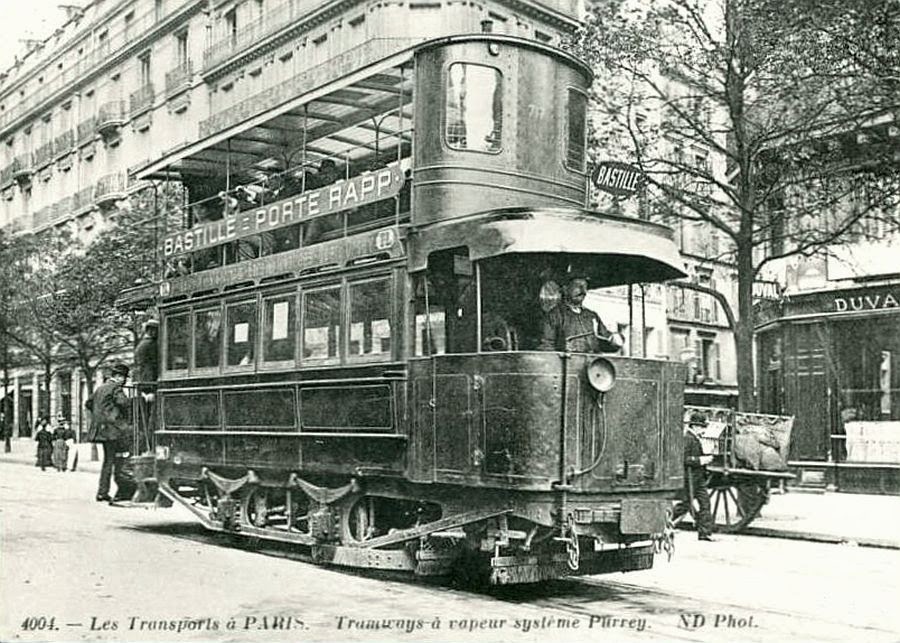 Postcard depicting double-decker tram, with writing: Bastille – Porte Rapp. Caption reads: 4004. — Les Transports à Paris. Tramway à vapeur système Purrey. ND Phot.