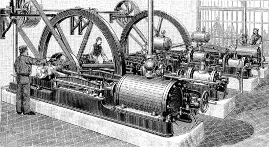 A drawing of men operating machines