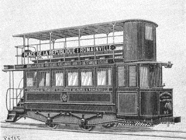 Drawing or engraving of a double-decker, one-ended tram labelled PLACE DE LA REPUBLIQUE <> ROMAINVILLE. COMPAGNIE DU TRAMWAY ELECTRIQUE DE PARIS A ROMAINVILLE